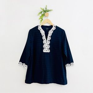 Talbots Petites Navy 3/4 Sleeves White Lace Tunic Blouse